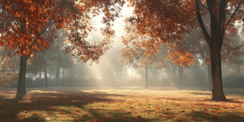 Sticker - Foggy autumn morning featuring gentle haze and soft sunlight at dawn, casting shadows among vibrant trees displaying autumn colors and falling leaves, creating a serene autumn scene.