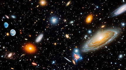 Poster - Exploring the vast expanse of the universe with galaxies, stars, and planets shining brightly in a cosmic landscape. Generative AI