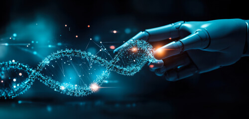 Poster - robotic hand interacting with digital dna strand in futuristic medical biotechnology interface