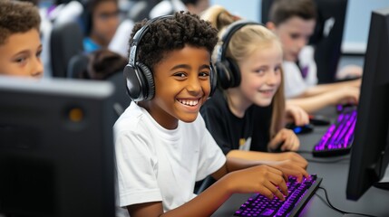 Poster - A young boy smiles while playing a game on a computer in a classroom