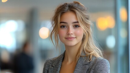 Poster - A female programmer in smart-casual wear working in a bustling modern office