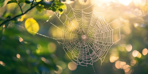 Spider web symbolizes the arrival of a beautiful day, showcasing the delicate beauty and intricate design of nature s artistry in the morning light, perfect for capturing beauty themes.