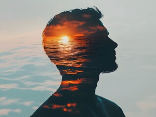 Poster - Portrait of a Man Silhouetted with a Surreal Double Exposure of a Sunset over Calm Ocean Waves Symbolizing Reflection and Inner Peace