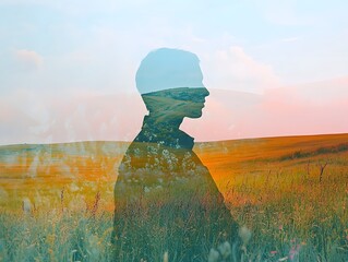 Poster - Serene Silhouette of a Person Against Vibrant Nature, Capturing the Harmony Between Human Emotion and the Beauty of the Landscape in a Dreamy Double Exposure Scene