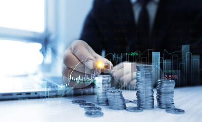 Poster - Money business financial graph diagram of coin. Financial growth data or investment market profit bar and success report.Saving money concept.Stack of coins with trading price graph growth.