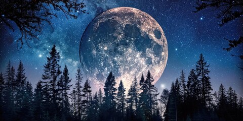 Silhouette Moon. A Surreal Night in the Forest with Dark Sky and Moon