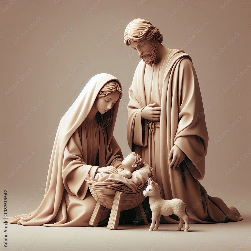 Sacred Scene of Holy Family and Baby Jesus in a Manger and Nativity ...