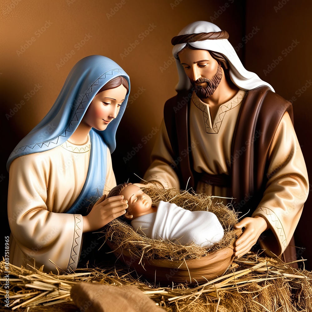 Sacred Scene of Holy Family and Baby Jesus in a Manger and Nativity ...