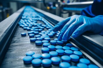 Wall Mural - Close up of a pharmaceutical production line with gloved hands