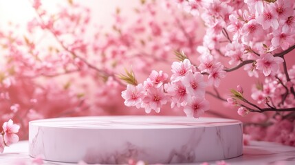 Wall Mural - A serene scene featuring pink cherry blossoms surrounding a marble display pedestal, evoking springtime beauty and tranquility.