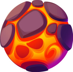 Poster - Cartoon galaxy fantasy alien red magma space planet. Vector fiery orange sphere with rounded bumps float in the night sky. Extraterrestrial world or star with glowing, molten-like texture, game asset