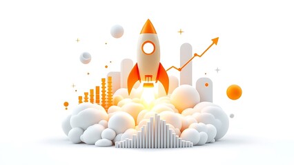 Wall Mural - orange rocket launching with rising graph, surrounded by white clouds on white background. concept o