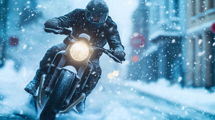 Wall Mural - Motorcyclist motorcycle man snow ride speed sport road winter biker transportation lifestyle freedom motorbike bike drive moto rider helmet travel driver motion