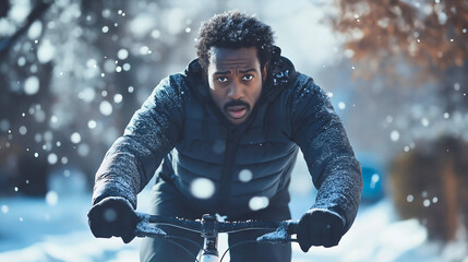 Wall Mural - Man bicycle bike snow winter ride cyclist sport biking extreme active biker cycle nature lifestyle bicyclist adventure road city fun outdoor male activity rider cold