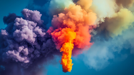 a vibrant cloud of smoke amidst a dark blue sky during a rainbow - colorful image. rainbow smoke clo