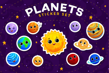 Poster - Cartoon solar system space planets stickers pack on starry sky vector background. Earth, Moon, Sun and Saturn, Jupiter, Mercury, Venus and Mars, Uranus, Neptune and Pluto planets, kids astronomy