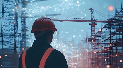 Poster - Construction Worker Overlooking Building Site with Digital Network Overlay Symbolizing Technology and Innovation in Modern Construction Industry