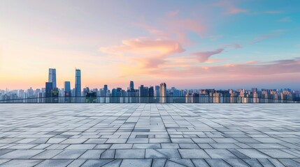 Wall Mural - Empty square floor with city skyline background, Urban plaza with modern skyscrapers, symmetrical composition