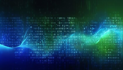 The background is a wave of digital binary information. 