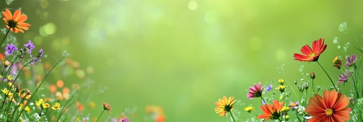 Poster - Brightly colored flowers spread across a lush green meadow, showcasing nature's beauty in full bloom under the warm sunlight. Generative AI