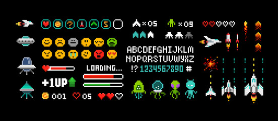 Poster - Pixel Art 8 bit arcade game elements with icons and font alphabet. Ufo aliens, space ships, rockets, . Vintage 8 bit computer game. Retro video game sprites. Pixelated Space arcade. Vector template