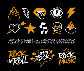 Poster - Rock'n'roll Party doodle collection and type font alphabet with signs and symbols vector template. Street Art doodle type font. Punk Rock style elements collection for tee print and textile design