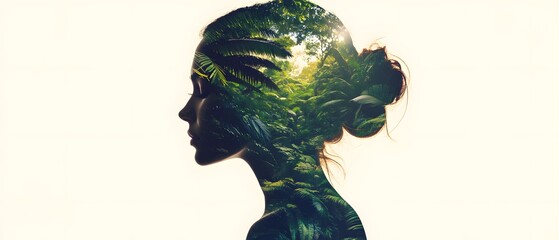 Poster - Ethereal Silhouette of a Woman Merging with Lush Greenery, Capturing the Harmony Between Nature and Humanity in a Dreamlike Double Exposure Photograph
