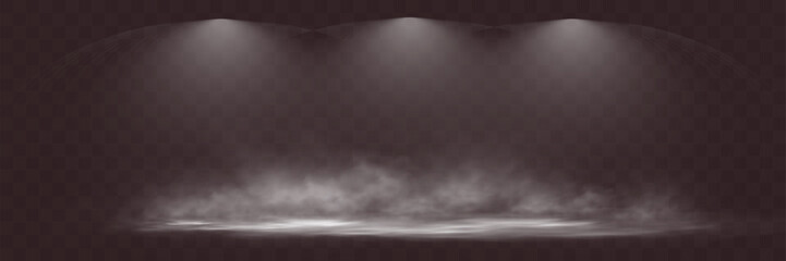 Aufkleber -  Spotlights shining down in a dark, misty atmosphere, creating a dramatic stage or stadium effect with beams of light piercing through the haze. Ideal for themes related to performances, events.