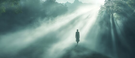 Poster - Solitary Figure Walking Through Misty Landscape Surrounded by Soft Light Rays with Majestic Mountains in Background at Dawn or Dusk