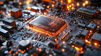 Poster - A glowing microchip on a circuit board, highlighting technological advancement, innovation, and electronics