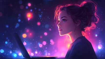 Poster - a woman in a server room conducting diagnostics on computer systems in a modern tech environment