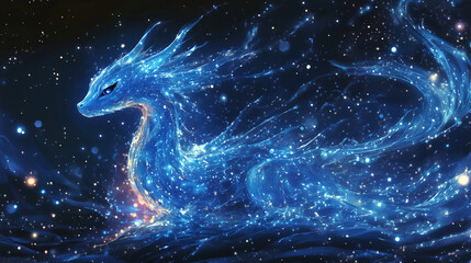 Poster - A mystical blue dragon glimmers among stars in a cosmic landscape, creating a magical aura at night. Generative AI