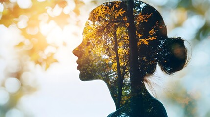 Poster - Silhouette of a Woman Merging with Nature in an Artistic Double Exposure, Highlighting Harmony Between Humanity and the Environment in Autumn Colors