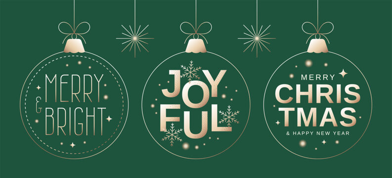 Set of golden Christmas baubles with greetings. Merry Christmas, Joyful, Merry and Bright. Vector illustration