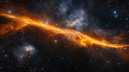 Poster - A stunning view of a cosmic filament glowing in orange hues amidst a backdrop of stars and nebulae in deep space. Generative AI