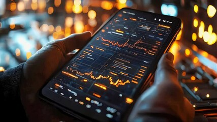 Poster - Hands holding a tablet with illuminated data charts and financial graphs