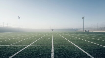 Football field with artificial turf, goalposts at each end, and clear white yard lines under a clear sky.