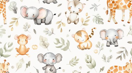  seamless pattern with watercolor cute animals cartoon drawing kids pattern