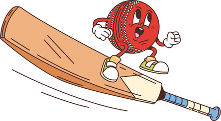 Poster - Cartoon retro groovy cricket ball character and bat, vector sport comic emoji. Groovy funny cricket ball with happy face riding a bat for goal, sport game and club funky character in retro cartoon