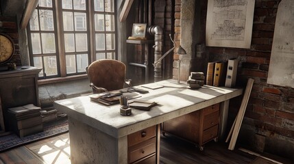 Poster - Sunlit Vintage Office Workspace With Antique Desk And Chair