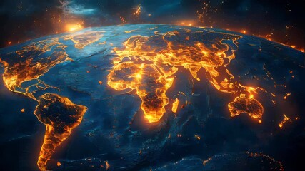 Poster - A glowing digital world map with vibrant orange outlines highlighting continents, symbolizing global connectivity and technology