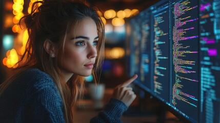 Poster - A woman explaining a coding concept in a warm-lit tech workspace during the evening hours