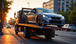 © Irina - Tow truck transporting car at sunset in urban area, vehicle recovery, roadside assistance, copy space
