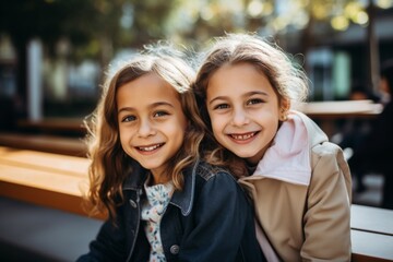 Smiling portrait of two schoolgirls sitting on bench