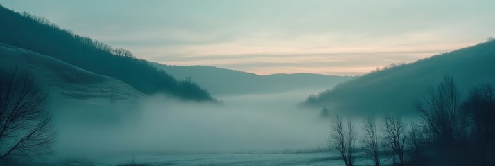 Poster - A tranquil valley emerges during sunrise, with mist rising gently above the ground and enveloping the hills in a peaceful atmosphere. Generative AI