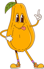 Aufkleber - Cartoon retro groovy papaya fruit character with a joyful expression, wearing sneakers and making pointing sign. Vector tropical fruit exudes a fun, energetic, and nostalgic vibe with sticking tongue