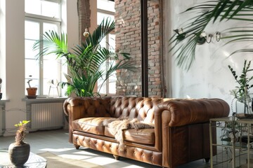 Wall Mural - Brown Sofa in Luxurious Industrial Living Room with Green Plant