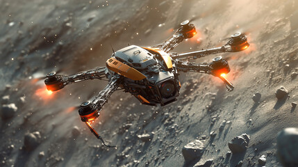 Poster - Exploring the lunar surface with a futuristic drone during a twilight mission in a distant galaxy. Generative AI