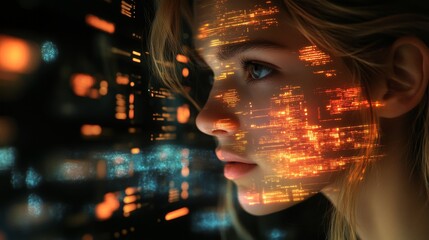 Poster - A female technician monitors server health while analyzing data streams in a high-tech environment