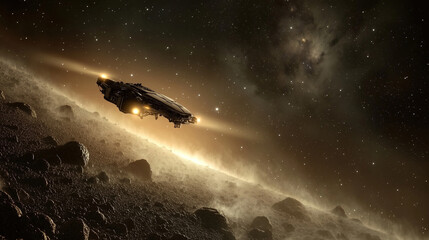 Poster - Spaceship exploring a distant asteroid belt under a vast galaxy filled with stars at twilight. Generative AI